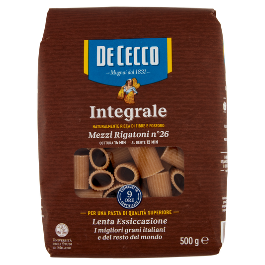 DE CECCO MEZZI RIGATONI INTEGRALI 500g (16 in a box)available from our italian retail store