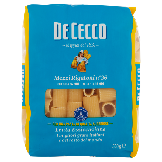 DE CECCO PASTA DI SEMOLA MEZZI RIGATONI N°26 500g (24 in a box)